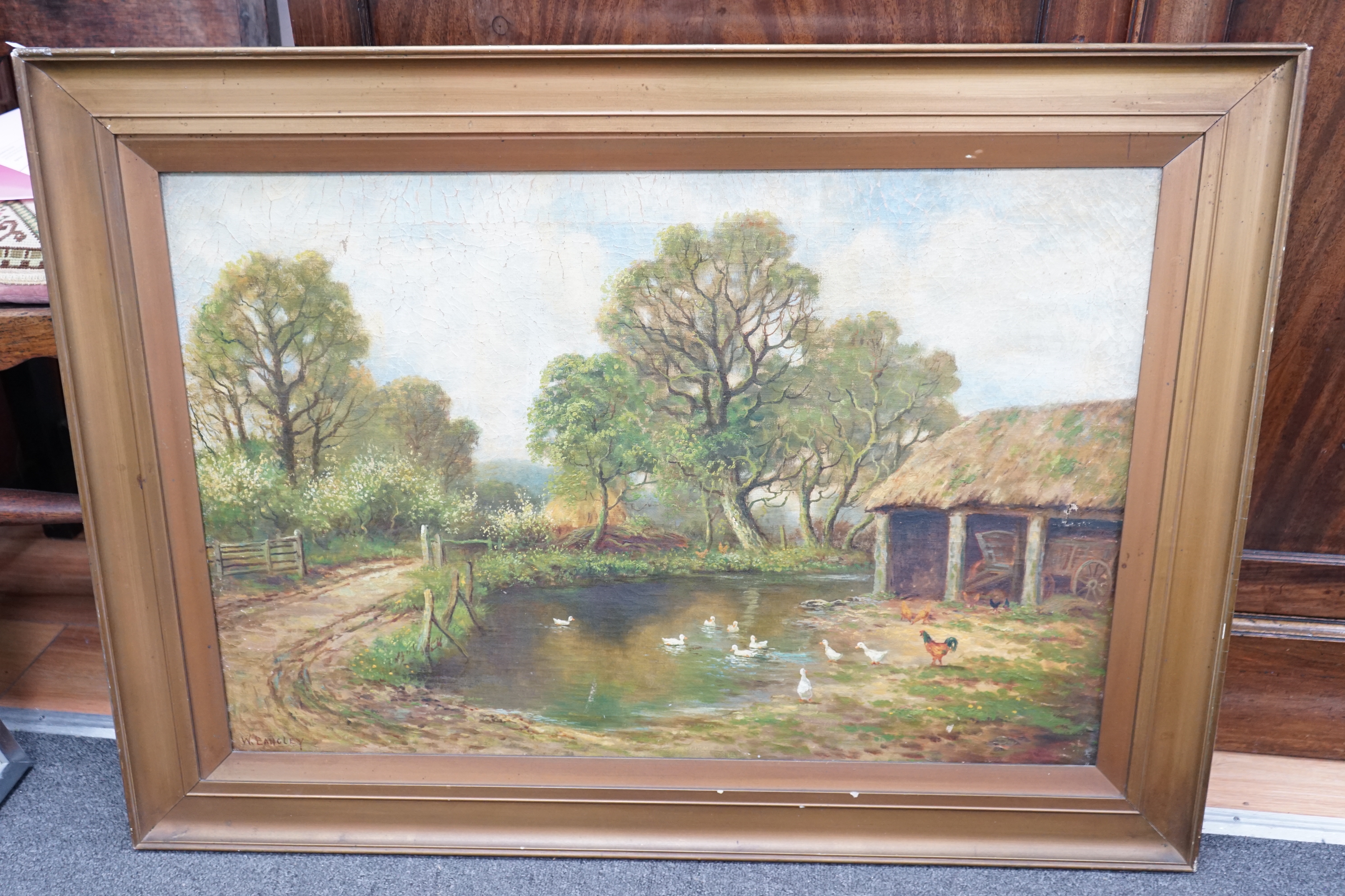 W Langley (20th. C), oil on canvas, The Haywain, signed, 50 x 75cm
